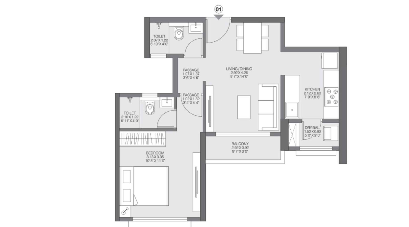 Godrej-Riviera-UnitPlan_1 BHK Luxe-Type-C